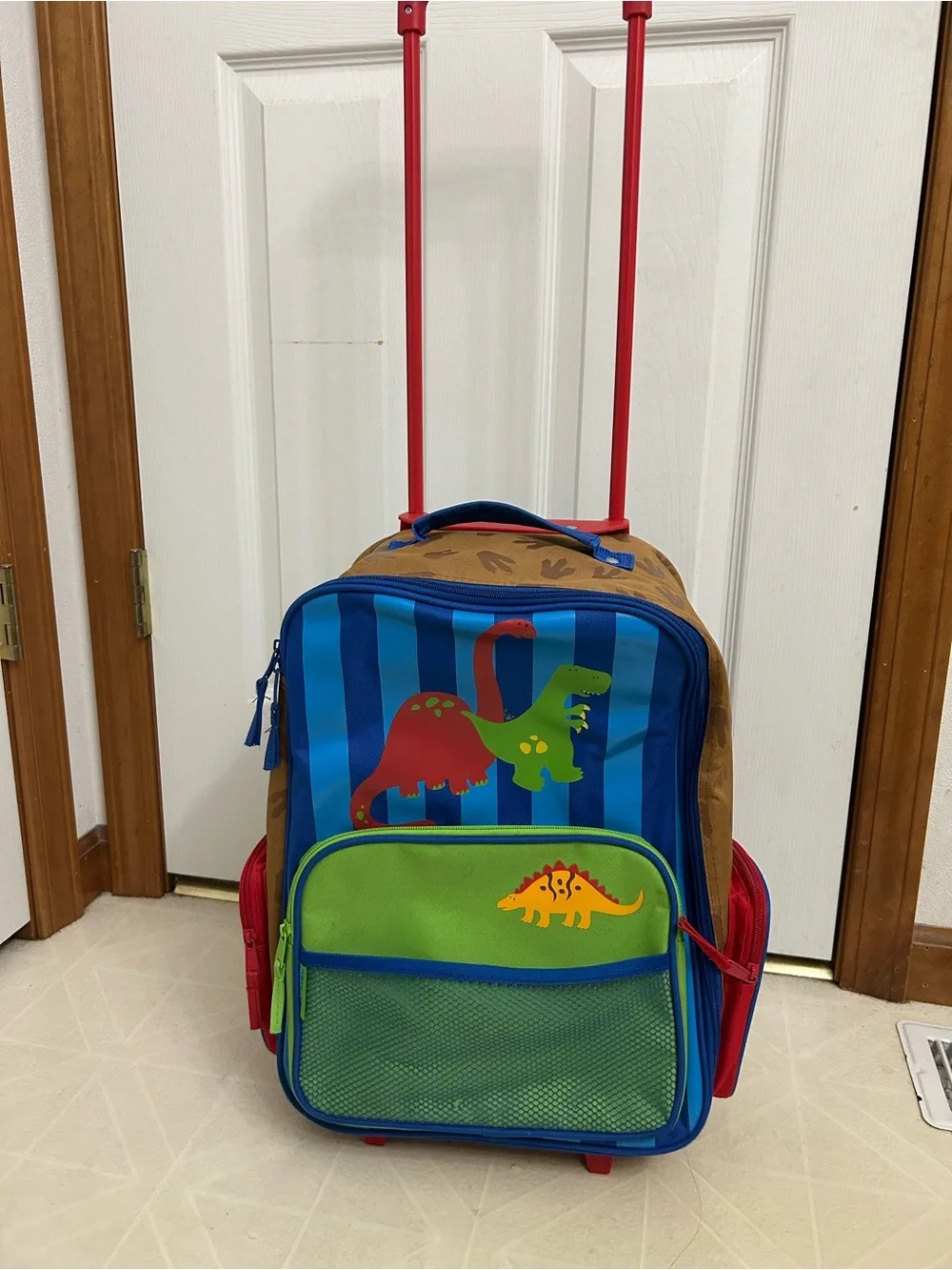 Kids Rolling Trolley Backpack - Blue & Green Dinosaur Design